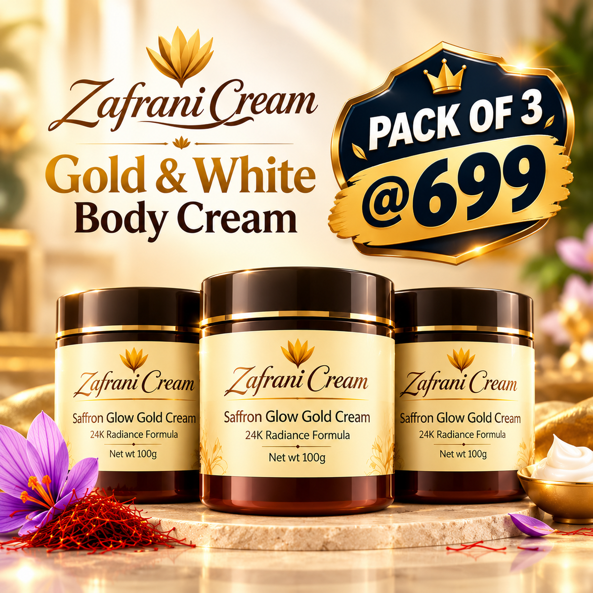 🥳Zafrani  Magic Glow Gold & White Body Cream Combo(Pack of 3 @699)🥳